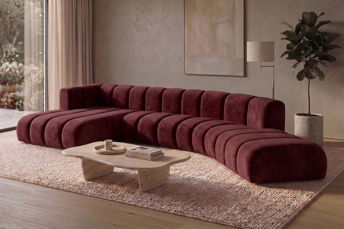 ECKSOFA Modulares In L-Form, Velvet-Stoff Riviera, Rotwein, Links, GRAND Round - Dunkelrot, Holz (445/179cm) - Kaiser Möbel