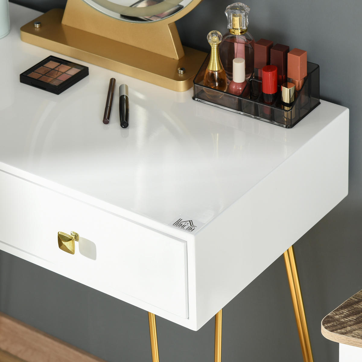 SCHMINKTISCH Kosmetiktisch mit Hocker 2 Schubladen 1 Lippenstiftraster MDF Weiß - Weiß, Holzwerkstoff (40/136/80cm) - HOMCOM