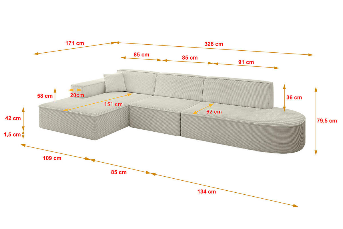ECKSOFA Ottomane Links IREA-L2-v4 - 328x171x79 cm Hellgrau - Ecru, Holzwerkstoff/Textil (328/171cm) - ALTDECOR