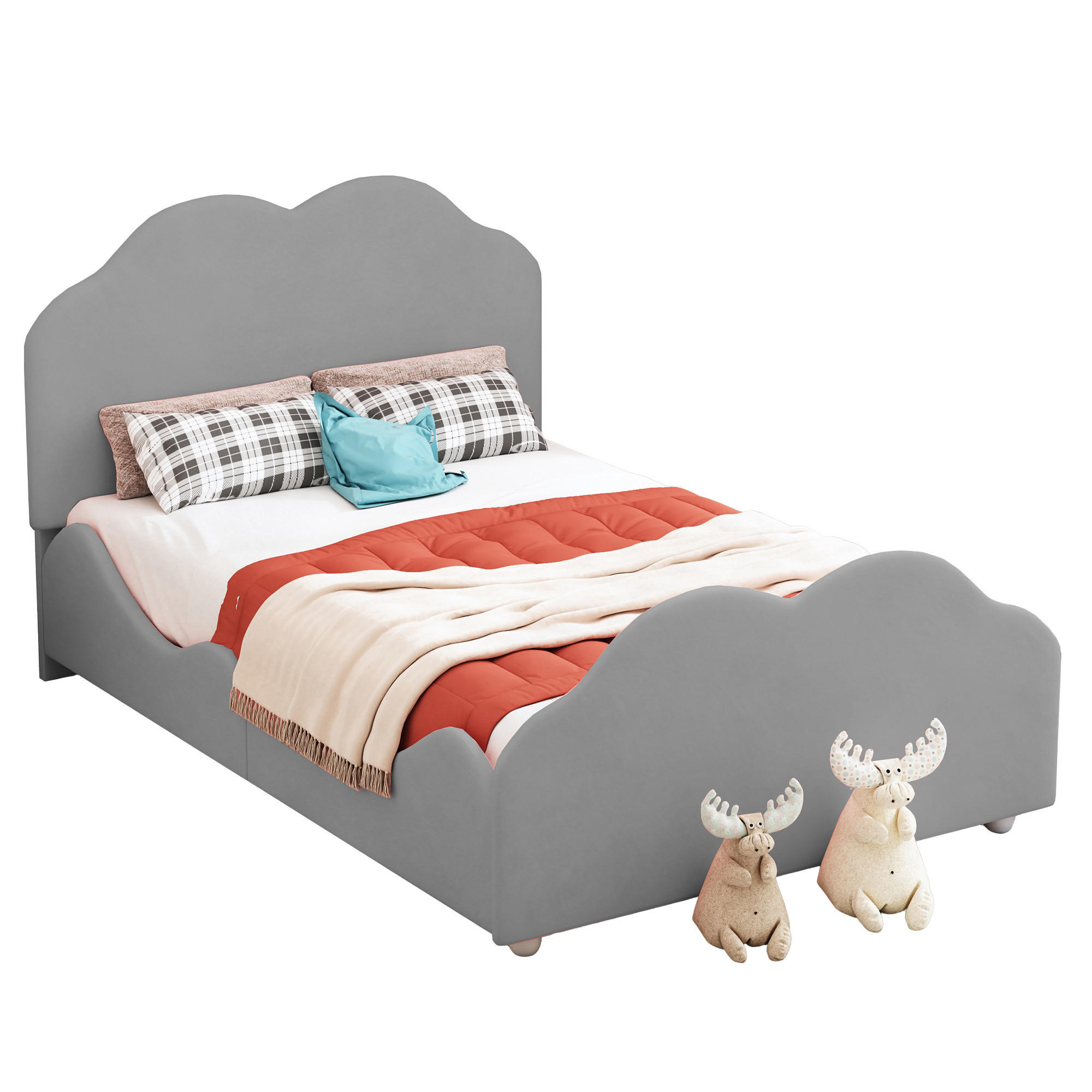 KINDERBETT 90/200 cm hohes Geländer mit wolkenförmigem Kopfteil Grau - Grau, Textil (90/200cm) - OKWISH