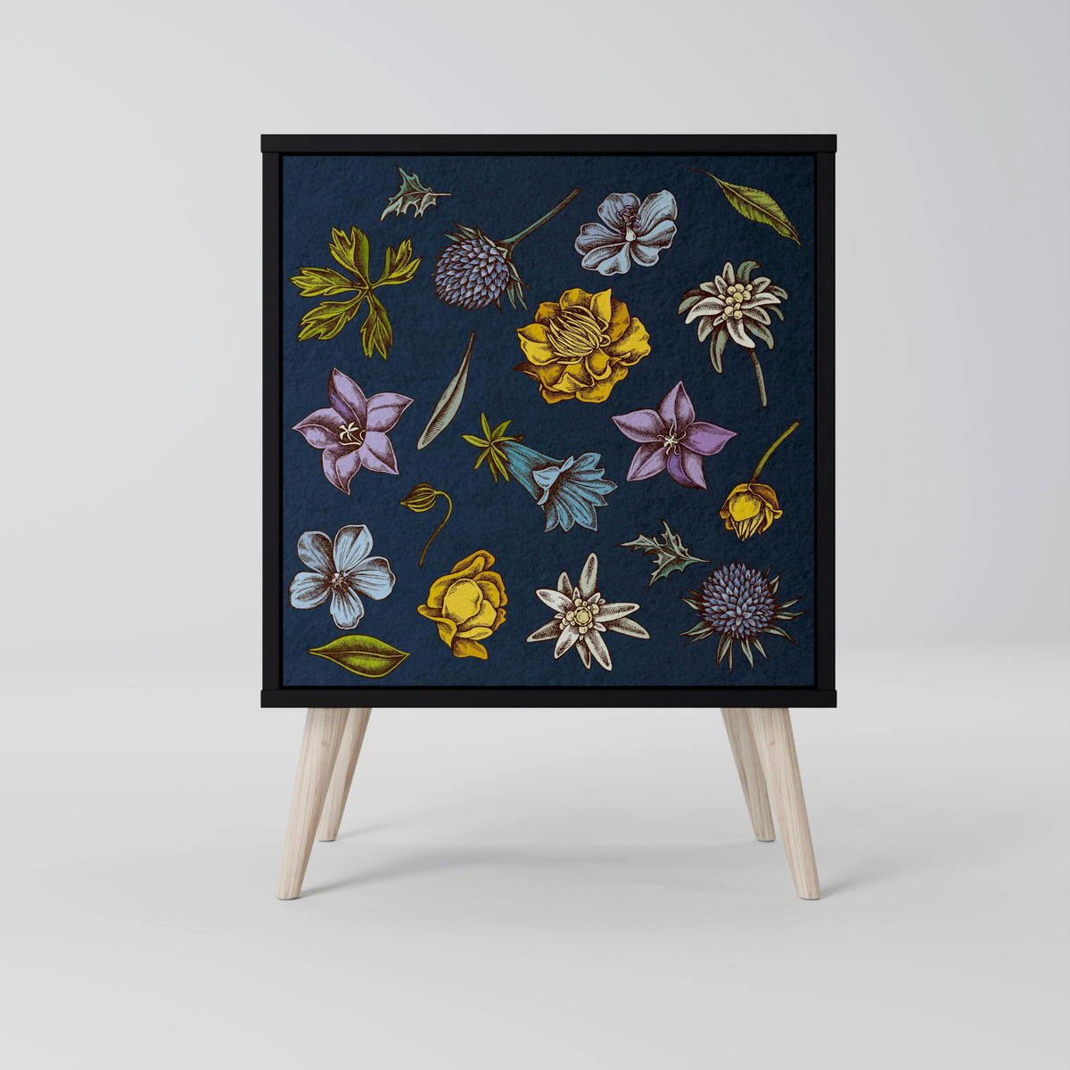 SIDEBOARD FLOWERS ON NAVY BLUE, Schwarz, 57,5x42x75,5 cm, Goldfarbene Metallfüße - Goldfarben/Multicolor, Holzwerkstoff/Metall (57.5/75.5/42cm) - SpaceRebels