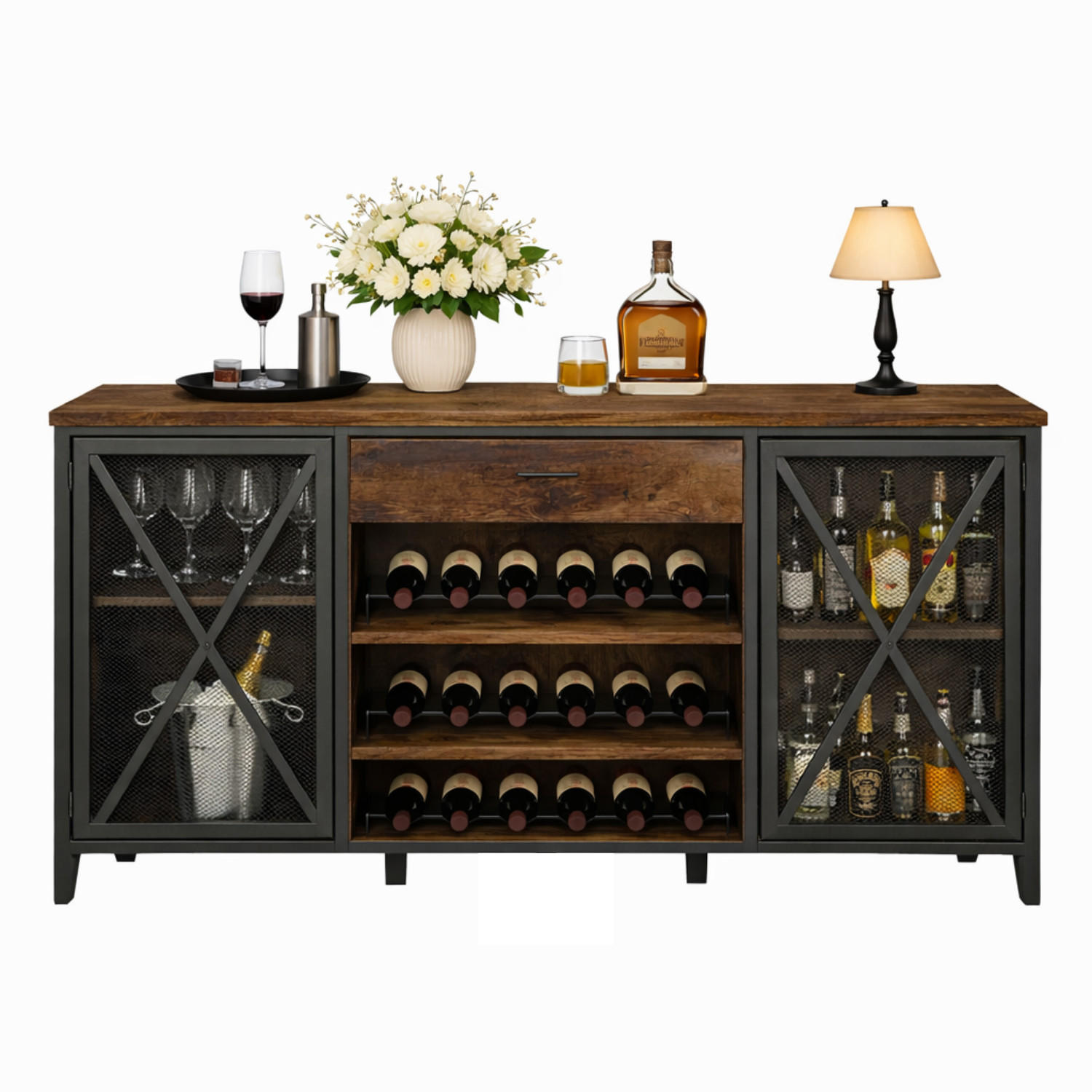 WEINREGAL 180 x 55 x 100 cm INDUSTRIAL Holz Metall Schwarz / Rustikal Eiche - Wildeiche, Holzwerkstoff/Metall (180/101.5/55cm) - Quality Elegance