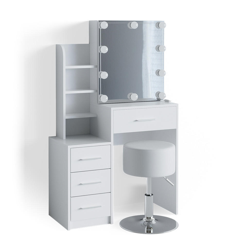 SCHMINKTISCH Conrada Weiß 80 cm mit LED Beleuchtung und Hocker - Weiß, Holzwerkstoff (36/131.6/80cm) - Vicco
