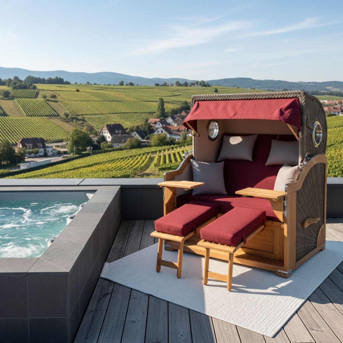 STRANDKORB Baltikum Teak 2,5 Sitzer - Rot/Braun, Holz/Metall (142/170/95cm) - Mr. Deko