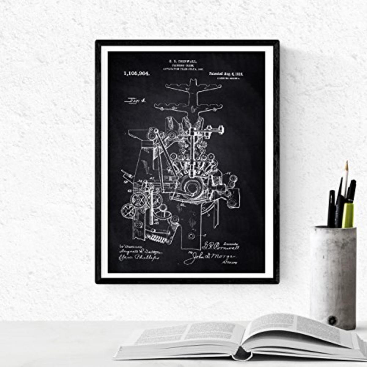 POSTER Set mit 4 Schwarz Druckerei Patent A4 Schwarzer Rahmen - Schwarz, Papier (29.7/3cm) - Nacnic