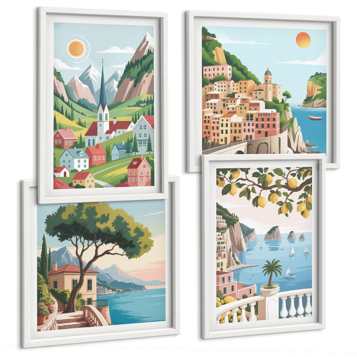 BILDER SET 4er Set - 50x50 cm & 40x60 cm Weißer Rahmen - Meereslandschaften, Zitrusfrüchte - Weiß, Kunststoff (50/50cm) - TULUP