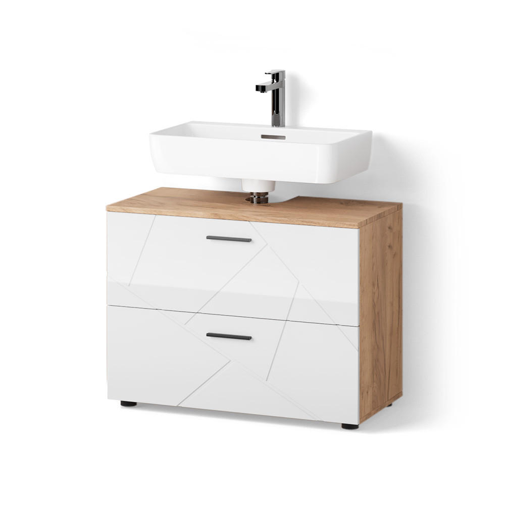 Livinity® ZÁKLADNÍ SKŘÍŇKA POD UMYVADLO Ronco Bílý vysoký lesk/zlatý dub power 80 x 58.6 cm