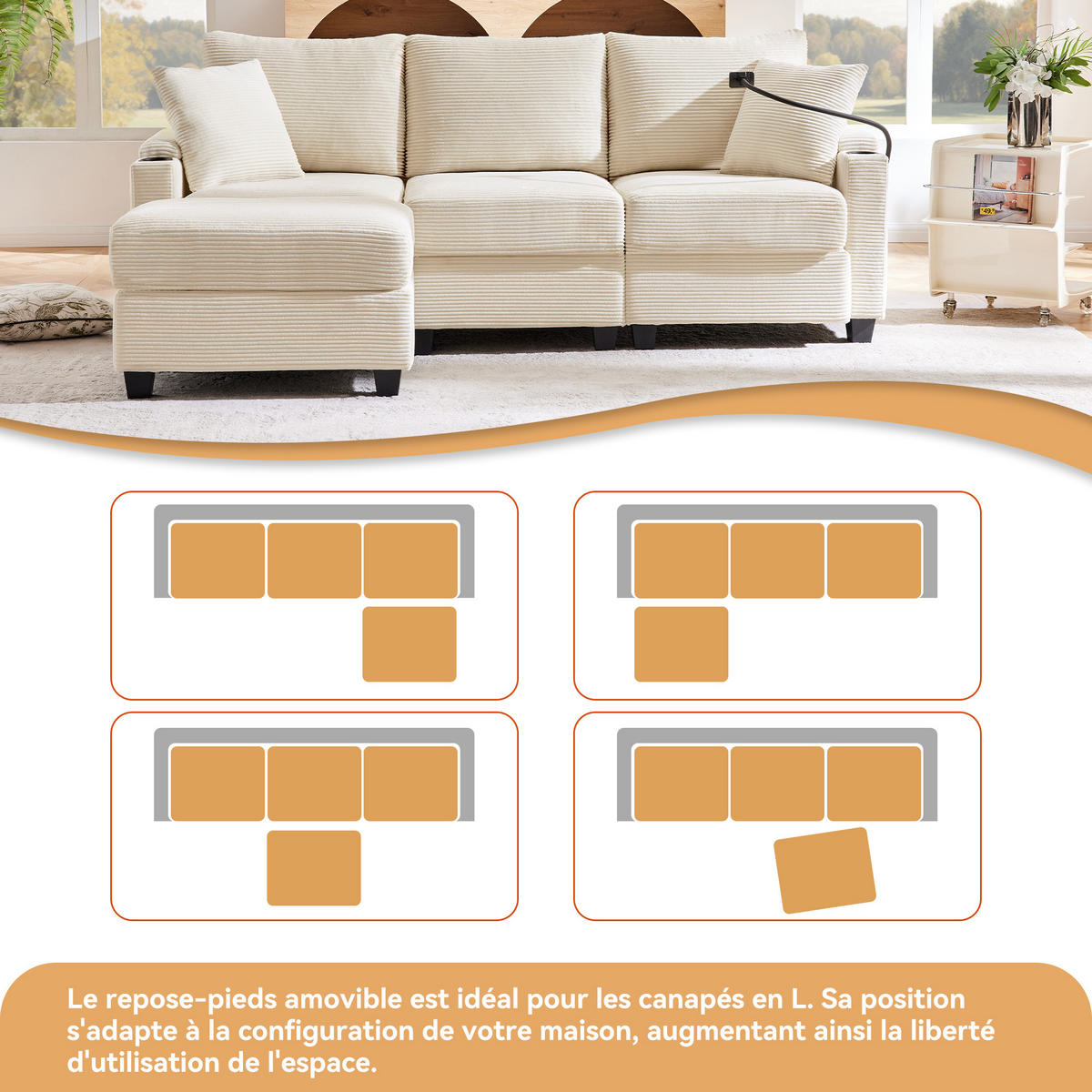 ECKSOFA 213.5x139x87 aus Cord mit USB-Ladegerät und Armlehnenablage, beige - Beige, Textil (139/213.5cm) - Luhomfu