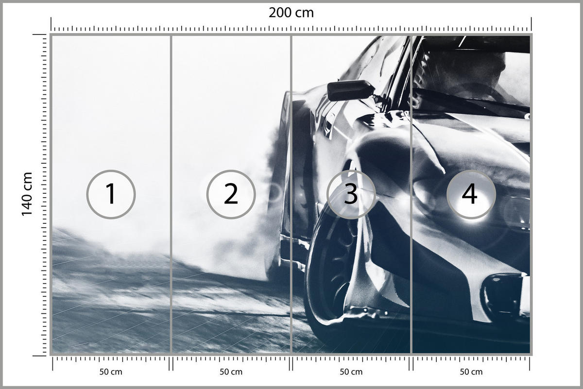FOTOTAPETE für Jugendzimmer Drift Sportwagen Action 200x140 - Schwarz/Weiß, Papier (200/140cm) - Muralo