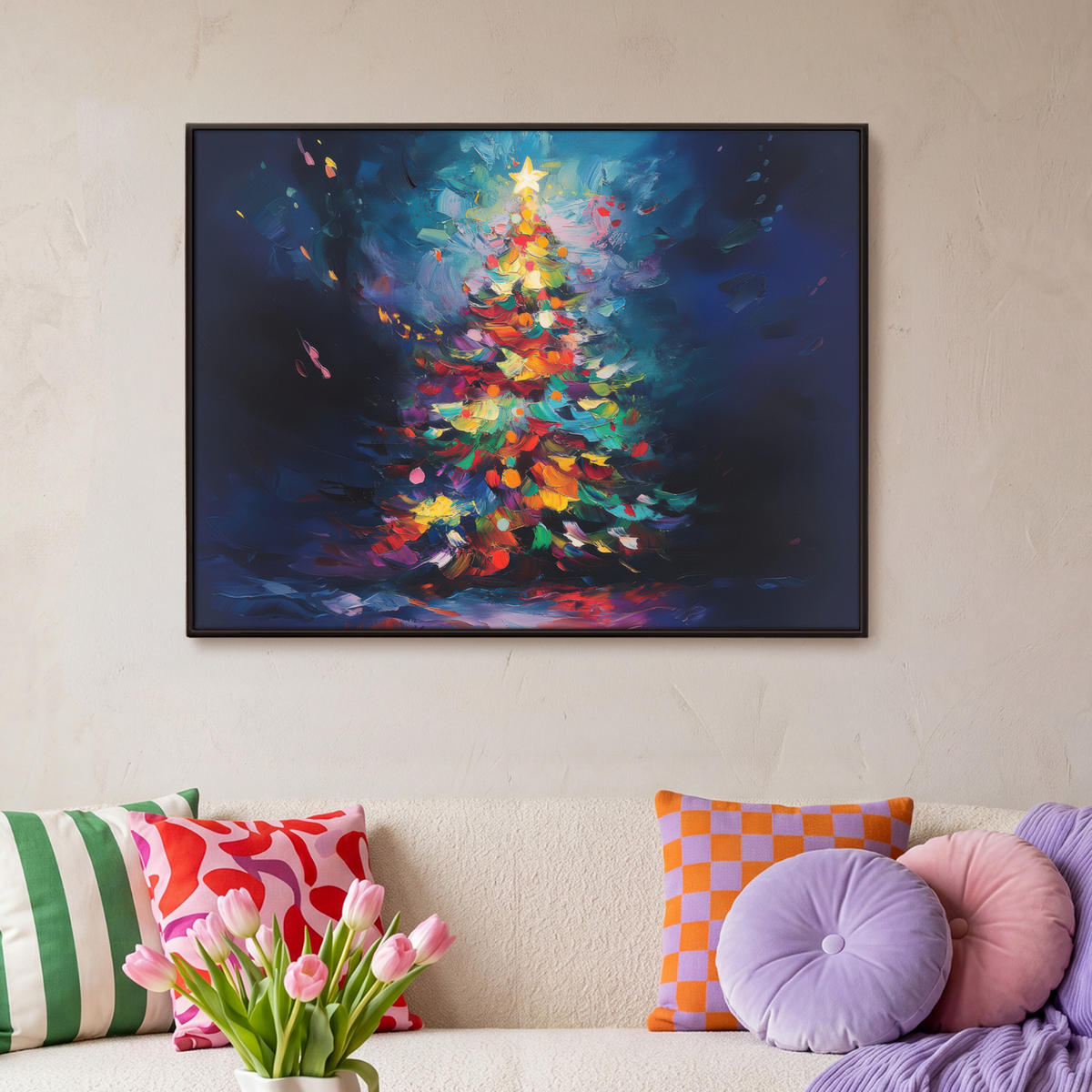 LEINWAND Bilder mit Rahmen - Weihnachtsbaum - Weihnachten - Abstrakt - Farbenfroh - 100x70 - Multicolor, Textil (100/70cm) - MuchoWow