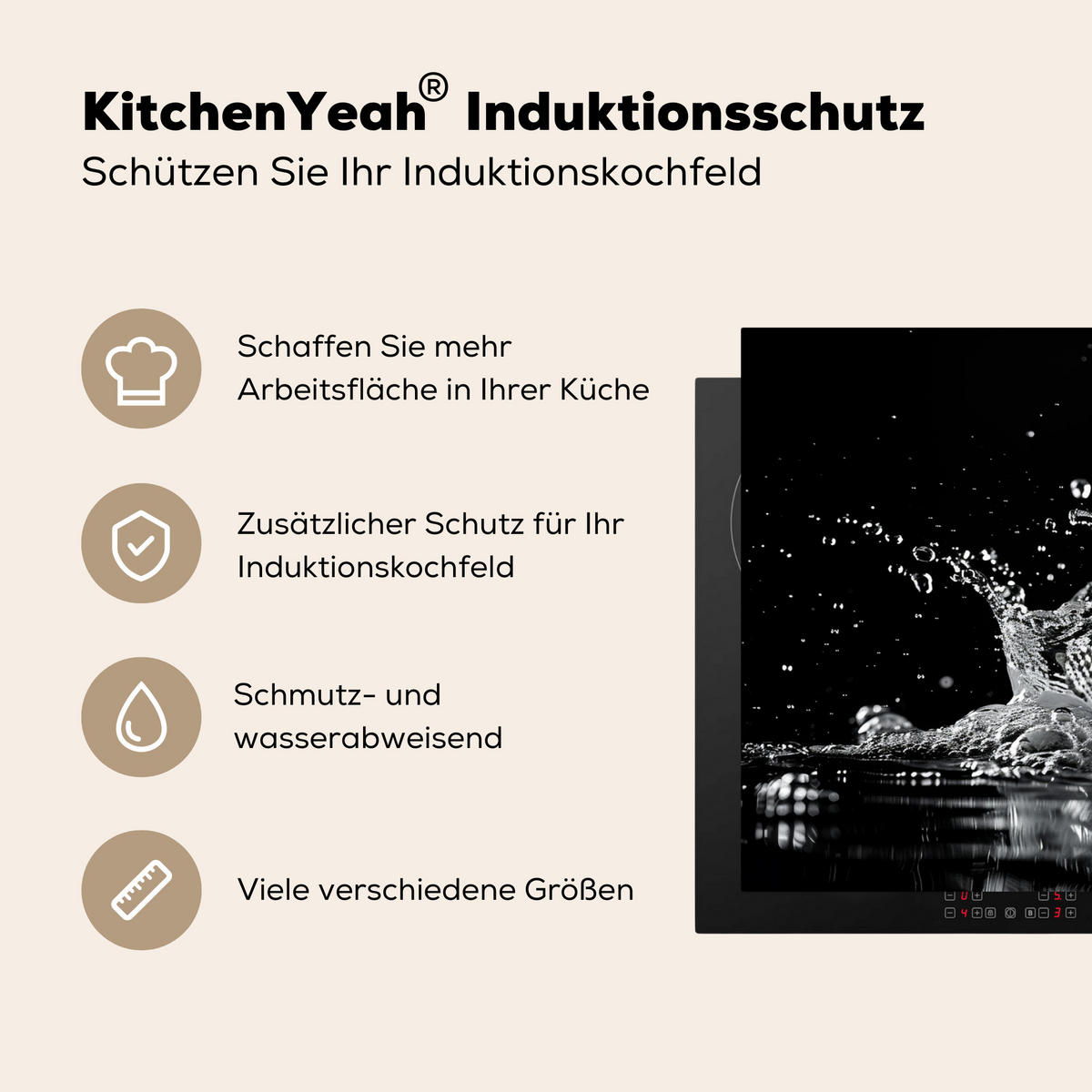 HERDABDECKPLATTE Wasser - Spritzwasser - Schwarz Ceranfeldabdeckung 90x52 cm - Schwarz, Kunststoff (90/52/0.2cm) - MuchoWow