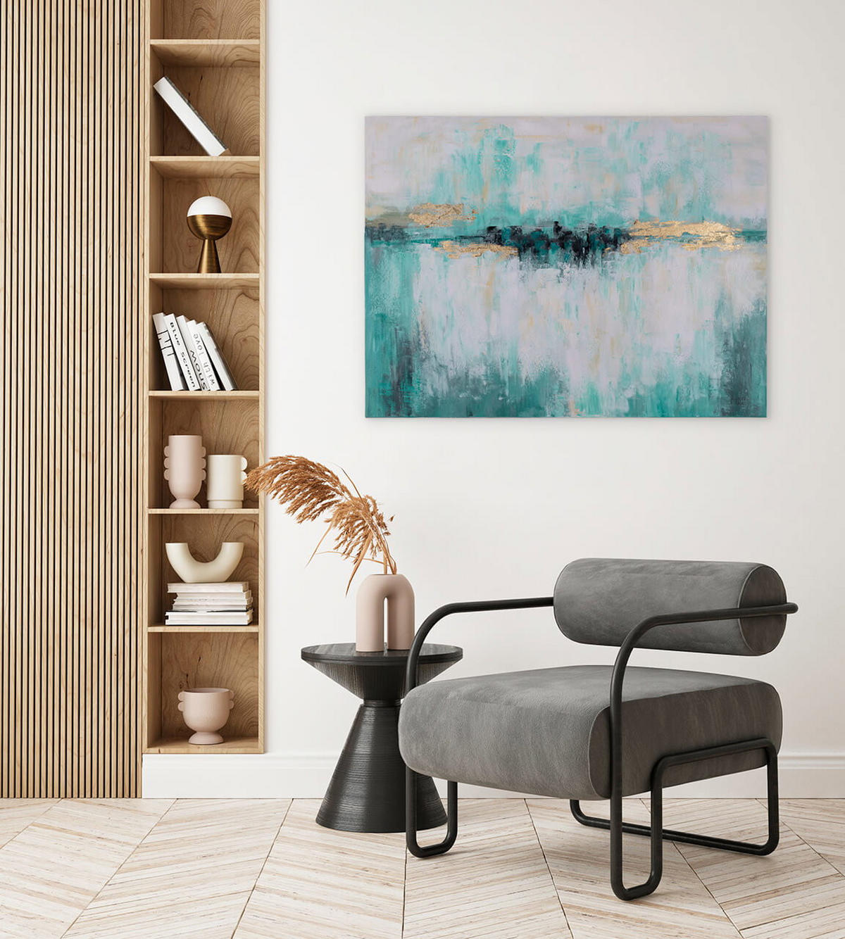 OLEJOMAĽBA 100/75 cm, More a pláž - tyrkysová, drevo/textil (100/75cm) - KUNSTLOFT