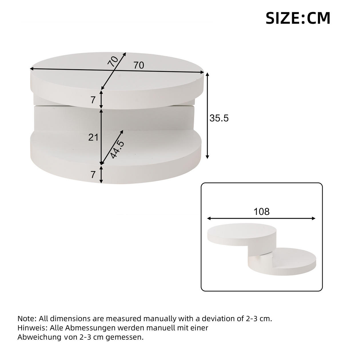 COUCHTISCH 70/70/35,5 cm weiß aus MDF mit drehbarer LED-Tischplatte - Weiß, Holzwerkstoff (70/70/35.5cm) - OKWISH