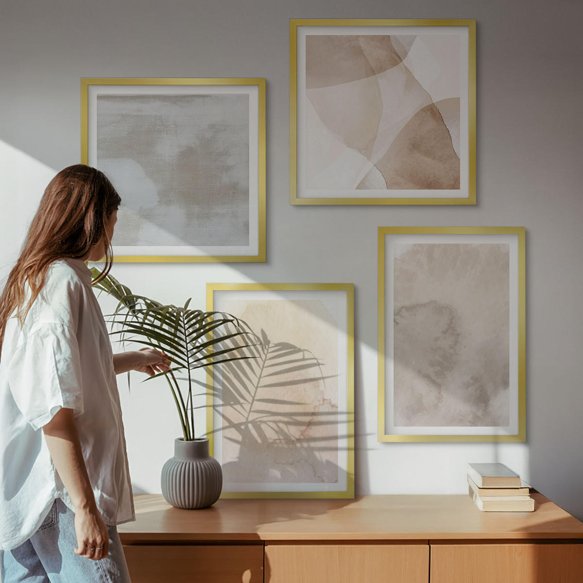 WANDBILDER 4er Set - 50x50 cm & 40x60 cm Goldrahmen - Warme Aquarell-Pastelltexturen - Goldfarben, Kunststoff (50/50cm) - ArtPrintCave