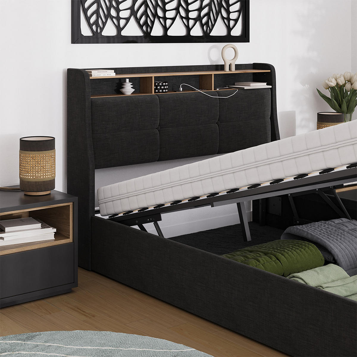 POLSTERBETT Christin Anthrazit/Eiche 140x200 mit Matratze, LED und USB-Anschluss - Eichefarben/Anthrazit, Holzwerkstoff - VitaliSpa