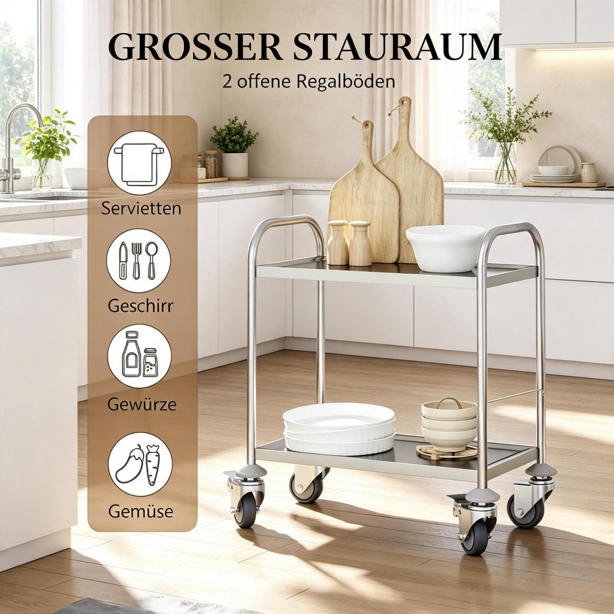 KÜCHENWAGEN Edelstahl, MIT 2 ABLAGEFLÄCHEN, verchromt grau, für Küche, 80/45/82 cm - Grau, Holzwerkstoff (45/82/80cm) - Rolipo