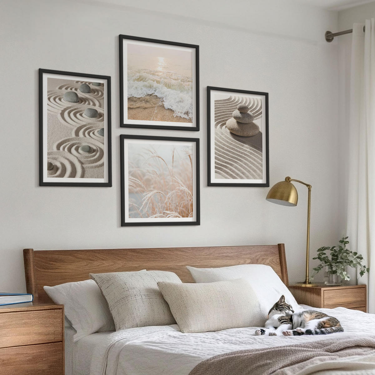 BILDER SET 4er Set - 50x50 cm & 40x60 cm Schwarzer Rahmen - Wellen, Sand, Wasser, Steine, Strand - Schwarz, Kunststoff (50/50cm) - TULUP