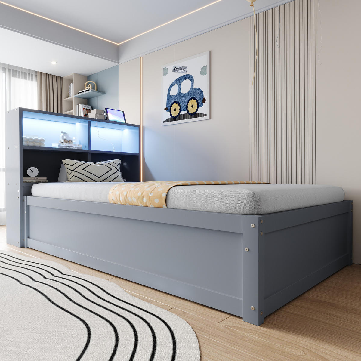 ČALOUNĚNÁ POSTEL 90x200cm Masiv Dřevo LED USB Úložná Šedá - šedá, dřevo (90/200cm) - FLIEKS