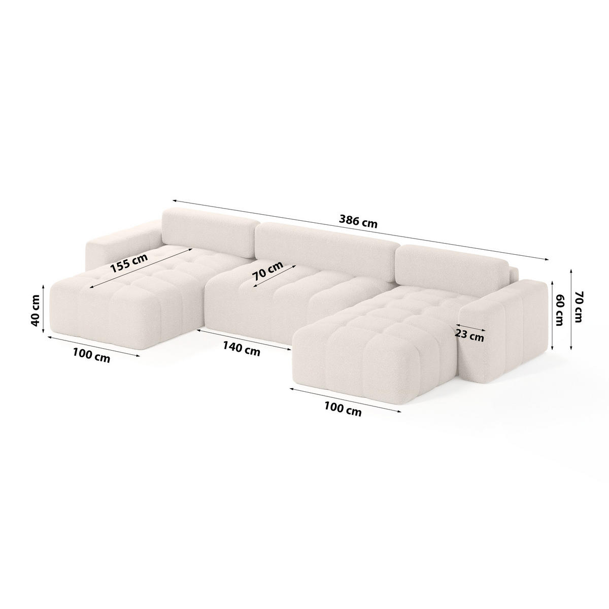 ECKSOFA Bouclé-Stoff 10 Sitzer Bornum U, Beige - Beige, Textil (386/70/155cm) - Meblito