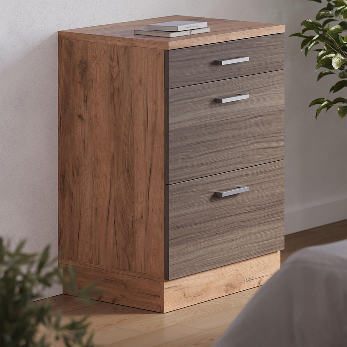 KUHINJSKA OMARA ZA POŠEVNE STREHE R-Line, Žlahtna siva, 60 cm brez naklona z 3 predaloma - siva/medeni hrast, leseni material (60/83.8/46cm) - Vicco