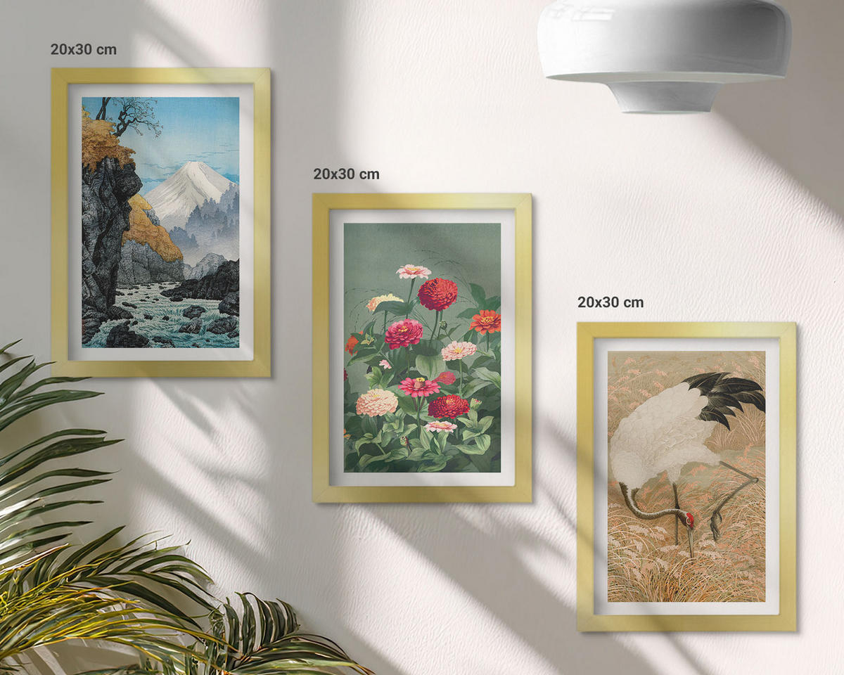 WANDBILDER 3er Set - 20x30 cm Goldrahmen - Berglandschaft, Fluss, Blumen, Kraniche - Goldfarben, Kunststoff (20/30cm) - ArtPrintCave