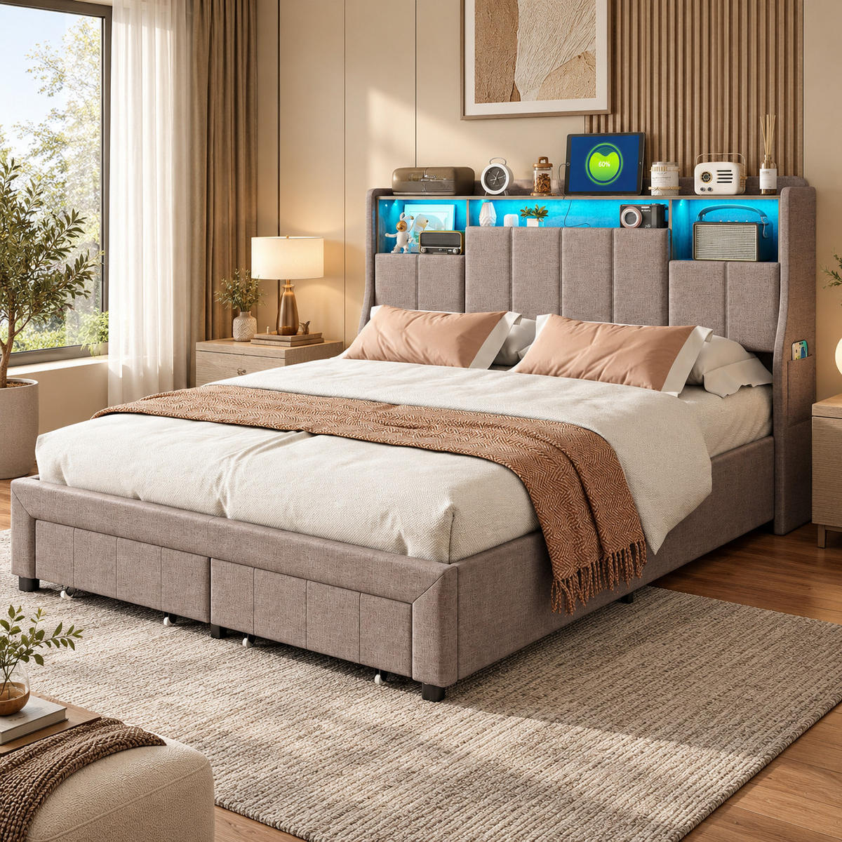 POLSTERBETT 160/200 cm mit zwei rollengeführten Schubladen am Fußende, großem Ablagekopfteil mit blauem LED-Licht & USB-Anschluss, Leinenoptik-Bezug - Grau, Holz/Metall (160/200cm) - Joyfair