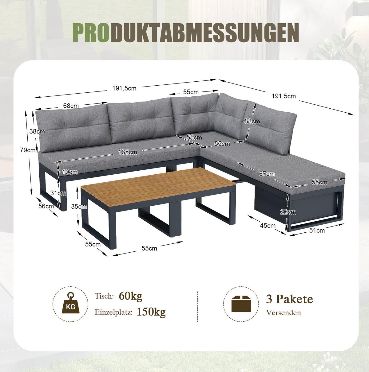 GARTENSET aus Polyester 191,5x191,5x79 cm Grau mit 3-stufig verstellbarer Liegefunktion und Stauraum - Grau, Textil - Modfu