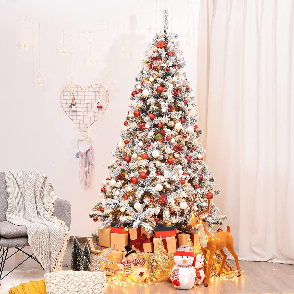 WEIHNACHTSBAUM mit Schnee und warmweissen LED-Lichtern 225cm Weiß - Weiß, Metall (225cm) - COSTWAY