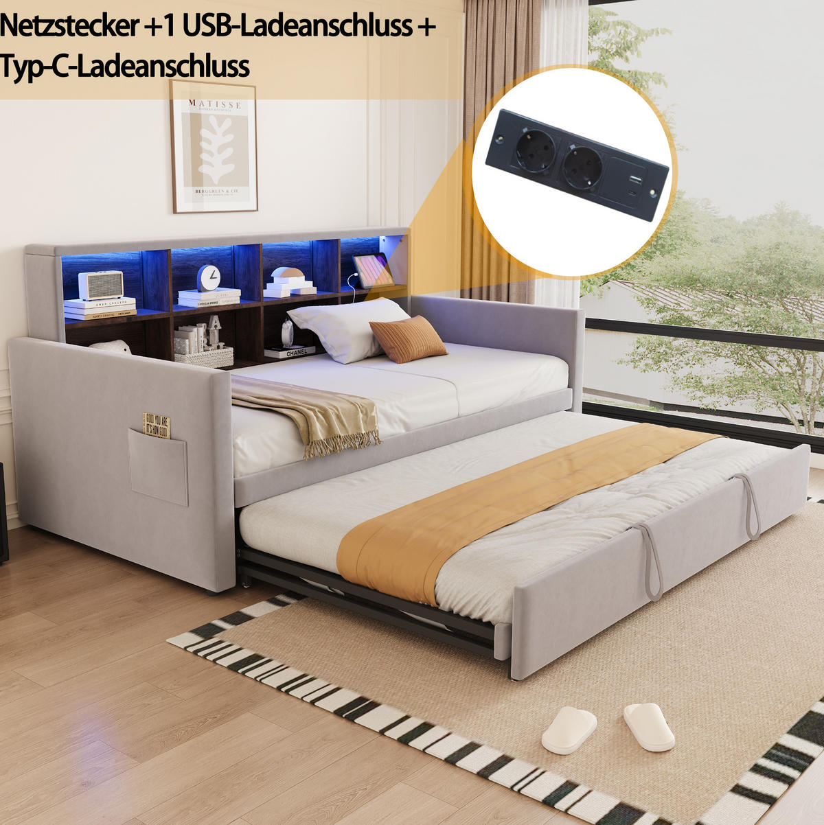 POLSTERBETT 90/190 cm Hellgrau aus Samt mit Ausziehbett - Hellgrau, Textil (90/190cm) - OKMYHOME