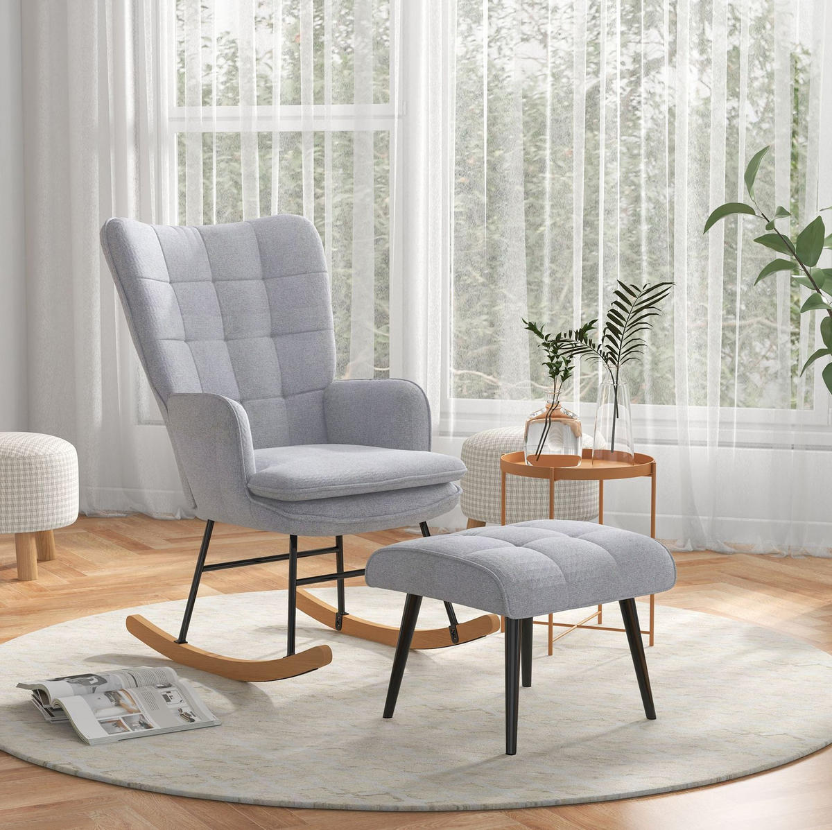 SCHAUKELSTUHL Set mit Hocker Polyesterbezug, Metallgestell 64/89/90 cm Hellgrau - Hellgrau, Textil (89/90/64cm) - Redom