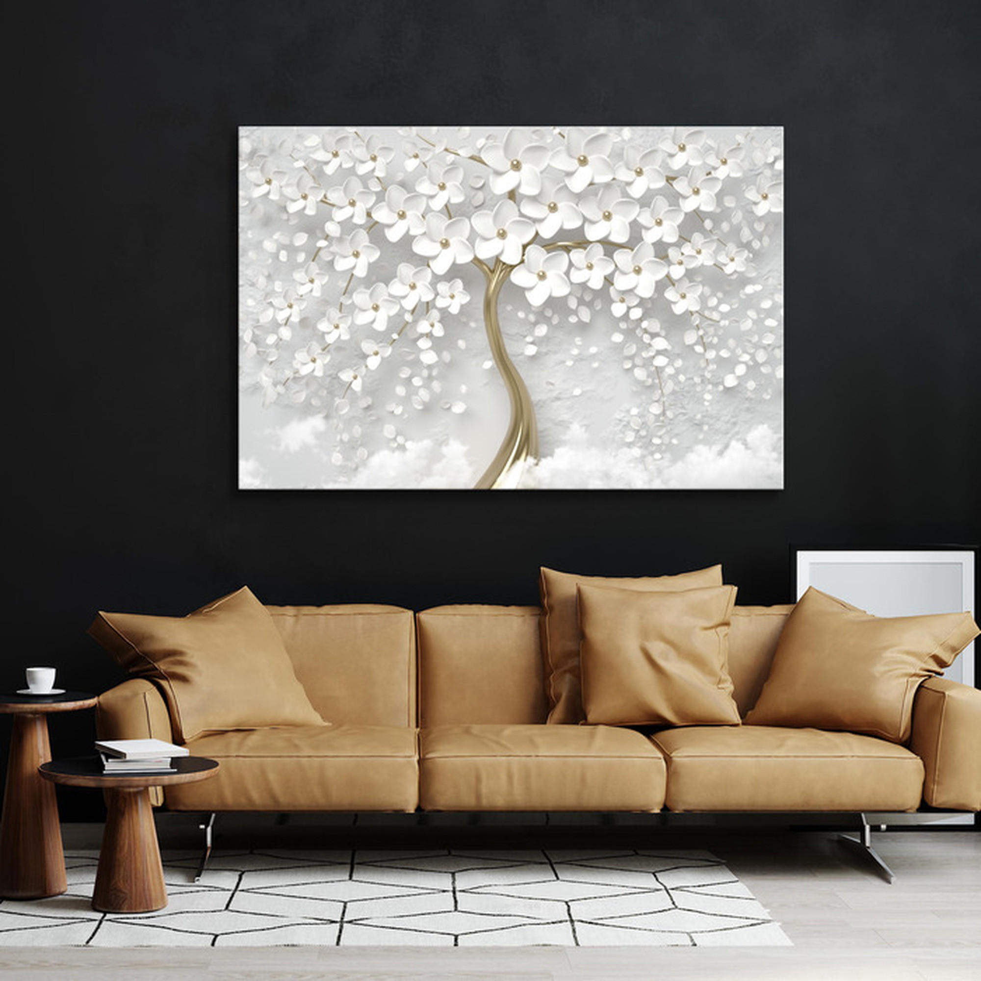 Thumbnail - Muralo Leinwandbild, Schwarz, Weiß, Beige, Braun, Grau, Textil, Abstrakt, Floral, Baum/Pflanze/Natur, Rechteckig, 70x50 ...