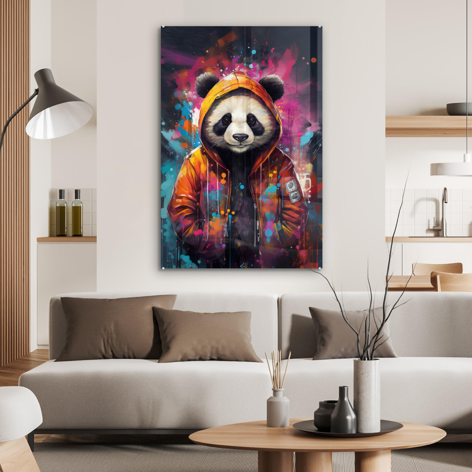 ACRYLGLASBILD Panda - Jacke - Graffiti - Orange 60x90 cm - Orange, Glas (60/90cm) - MuchoWow