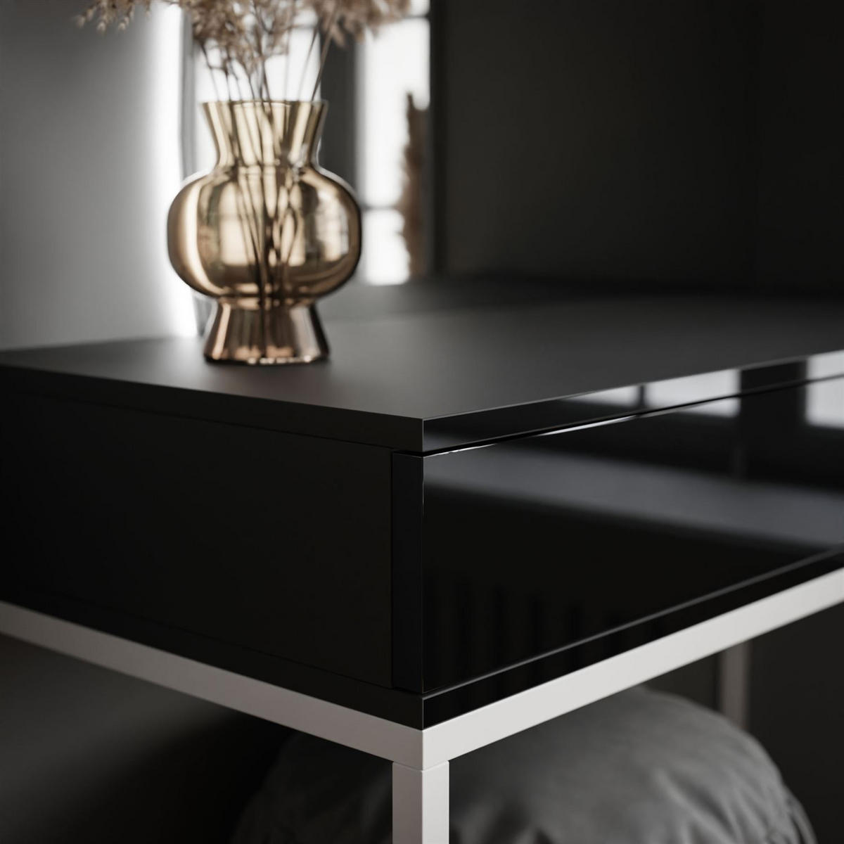 SCHMINKTISCH weiß/schwarz Hochglanz QUINNIE mit LED-Spiegel links PUSH OPEN - Schwarz Hochglanz/Weiß, Holzwerkstoff (100/176/42cm) - Lookway