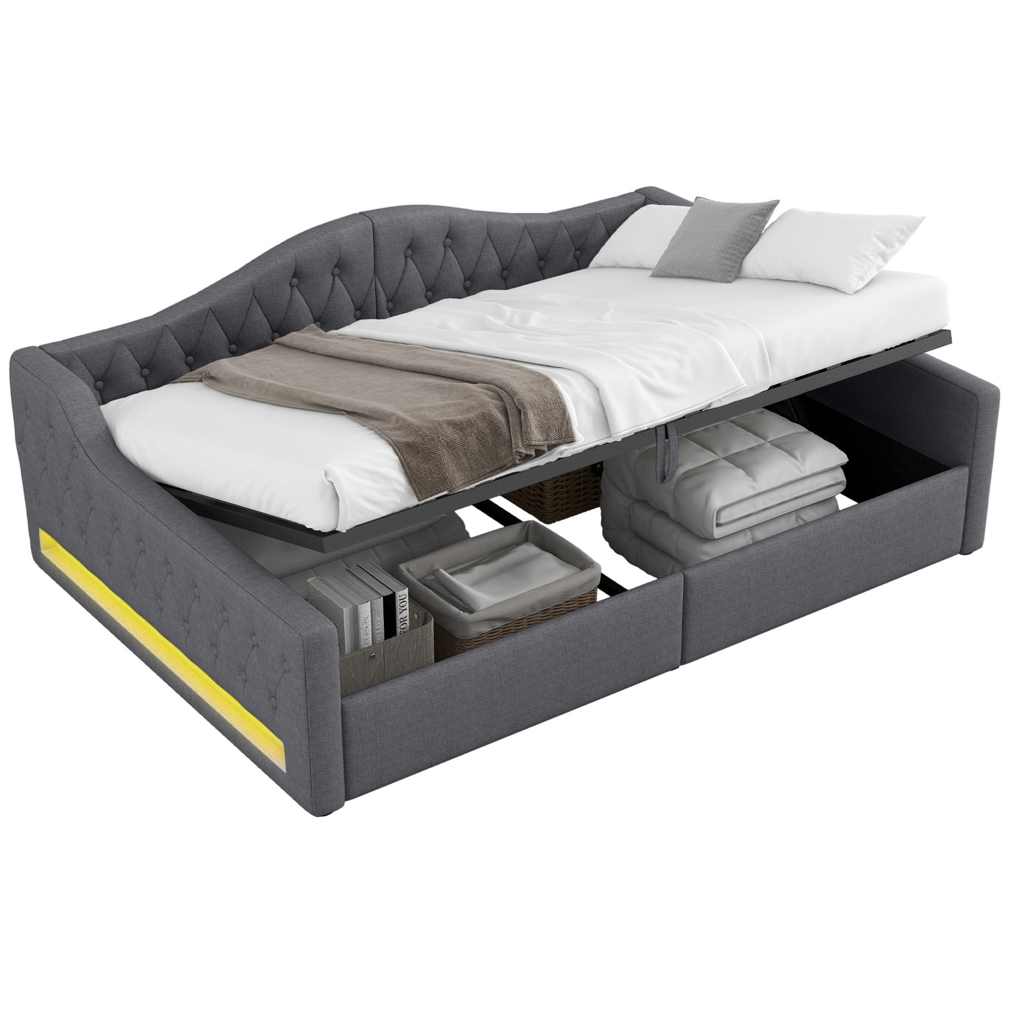 POLSTERBETT 140/200 cm Grau mit LED-Beleuchtung und Stauraum aus Leinen - Grau, Holzwerkstoff (140/200cm) - OKWISH