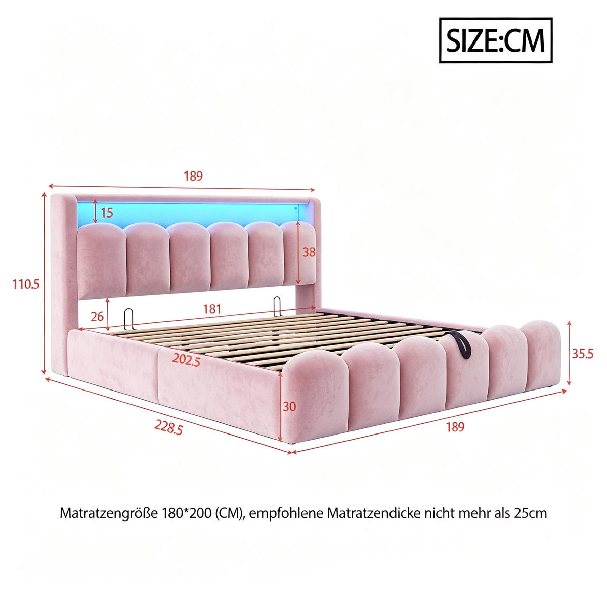 STAURAUMBETT 180/200 cm mit LED, USB-C und Hydraulik, DE-02093, in Rosa - Pink, Metall (180/200cm) - ComfortXL