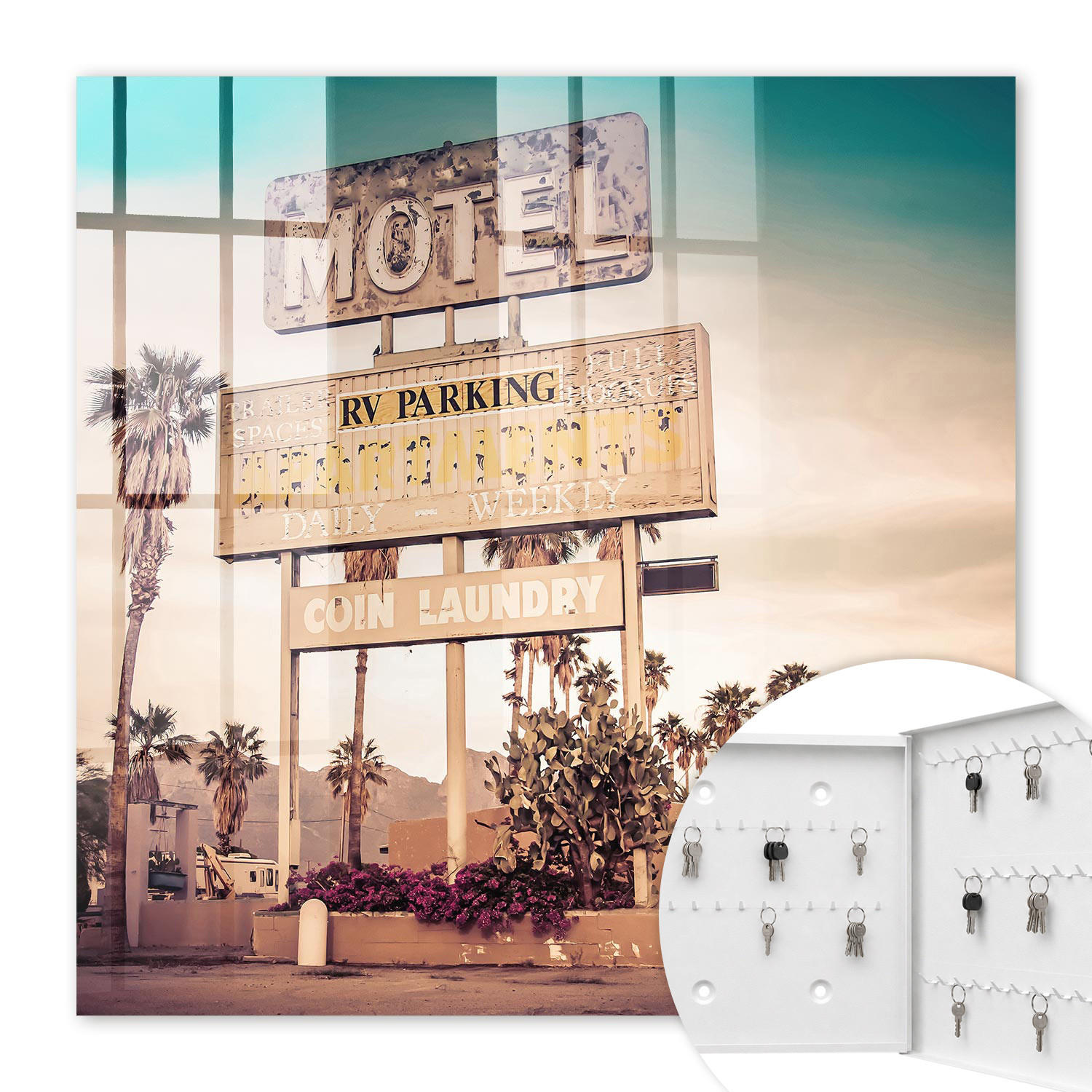SCHLÜSSELBOX Weiß 30x30 cm – Türöffnung nach rechts - Retro-Motel - Beige, Metall (30/30/5cm) - TULUP