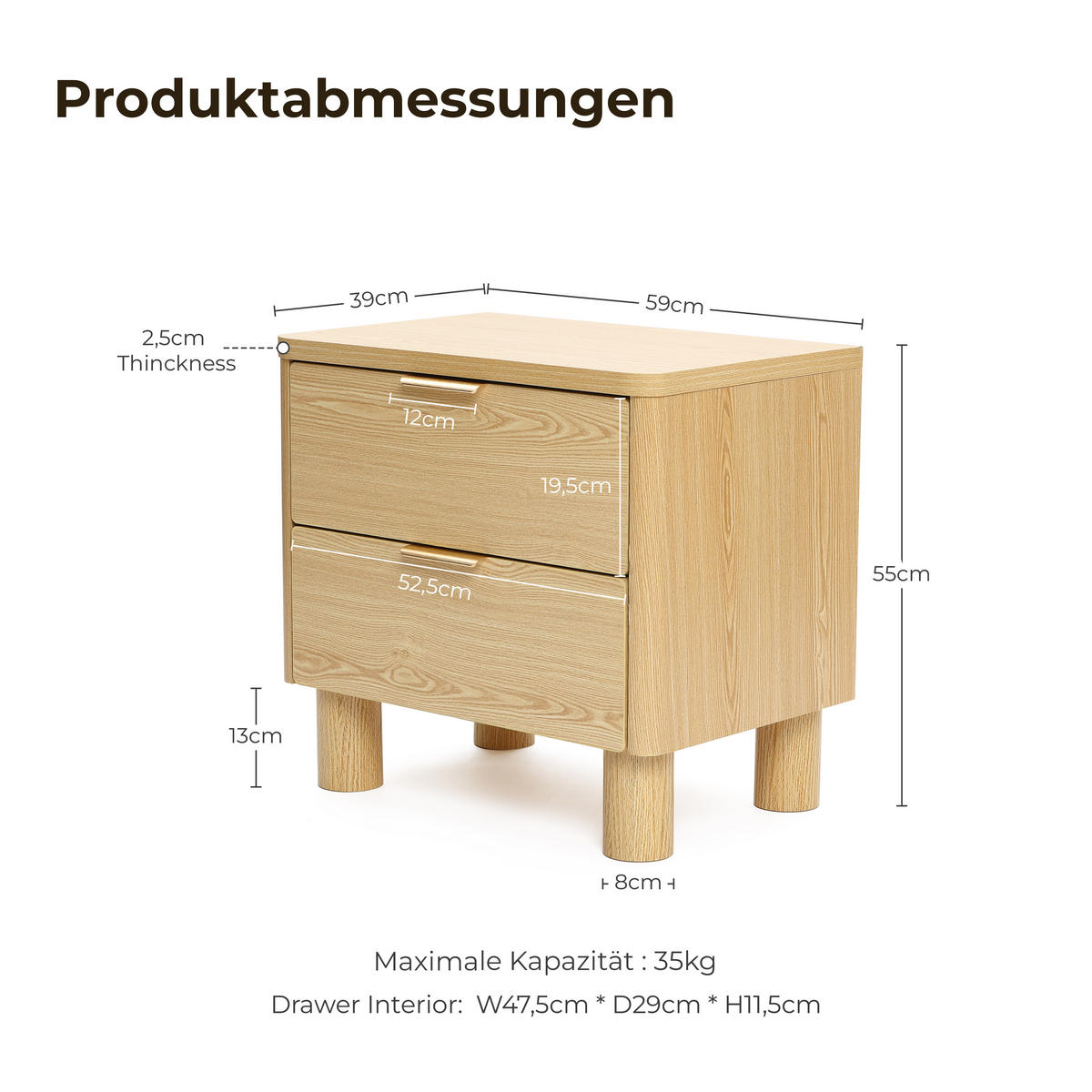 NACHTTISCH mit 2 Schubladen mit zylindrischen Beinen, Holz | B59 x T39 x H55 cm - Braun, Holzwerkstoff (59/55/39cm) - Hometopia