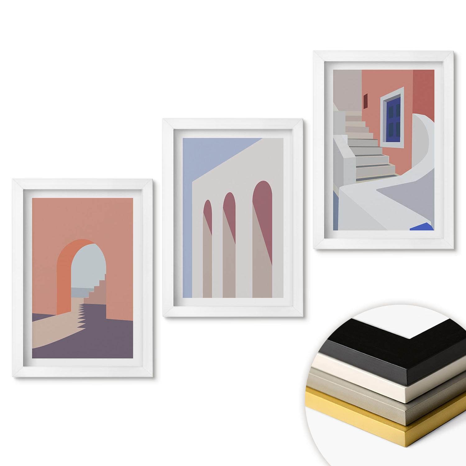 WANDBILDER 3er-Set - 20x30 cm Weißer Rahmen - Minimalistische Architekturillustrationen - Weiß, Kunststoff (20/30cm) - ArtPrintCave