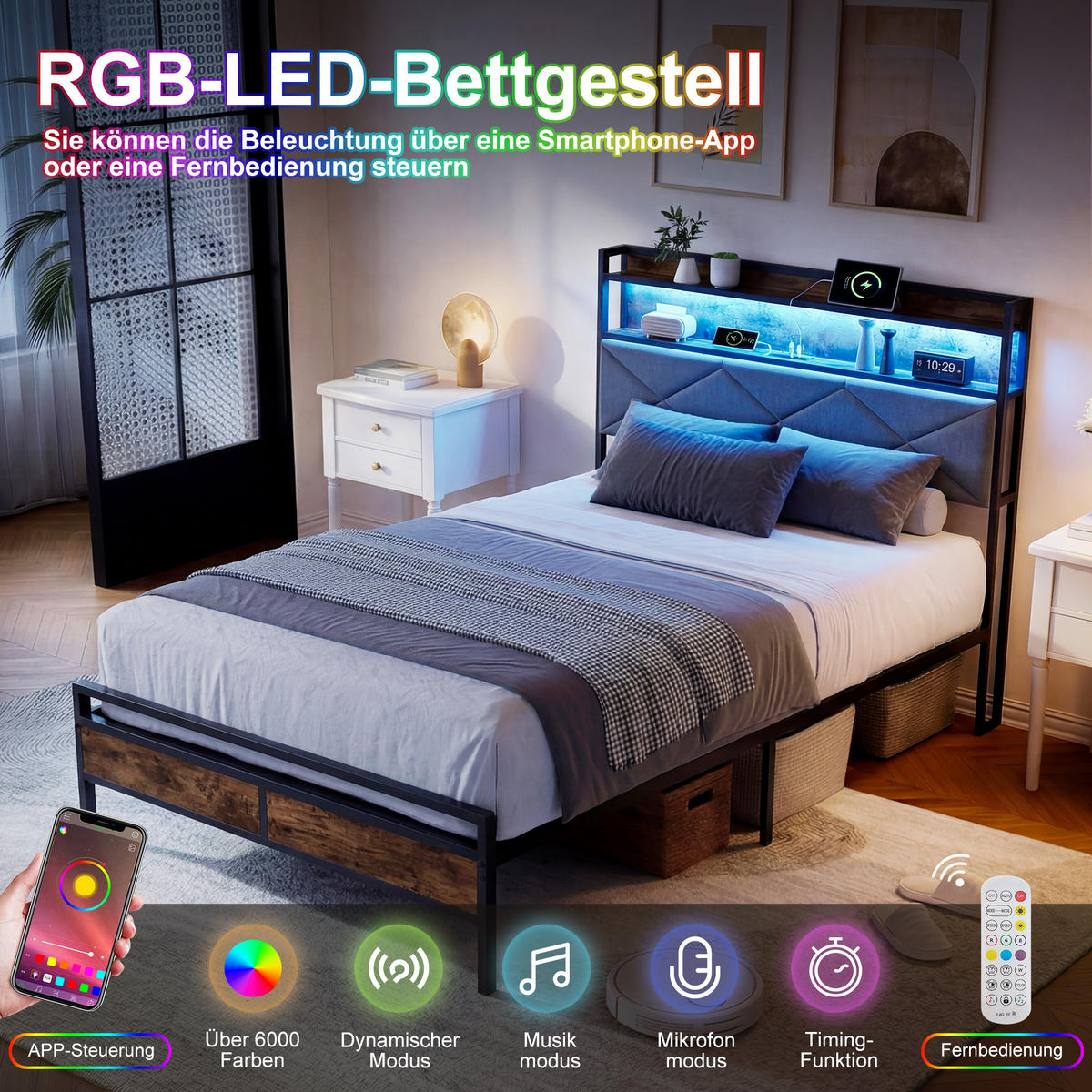 METALLBETT 90x200 cm mit LED, USB & Ablage, Grau - Grau, Metall (90/200cm) - EuroLiving