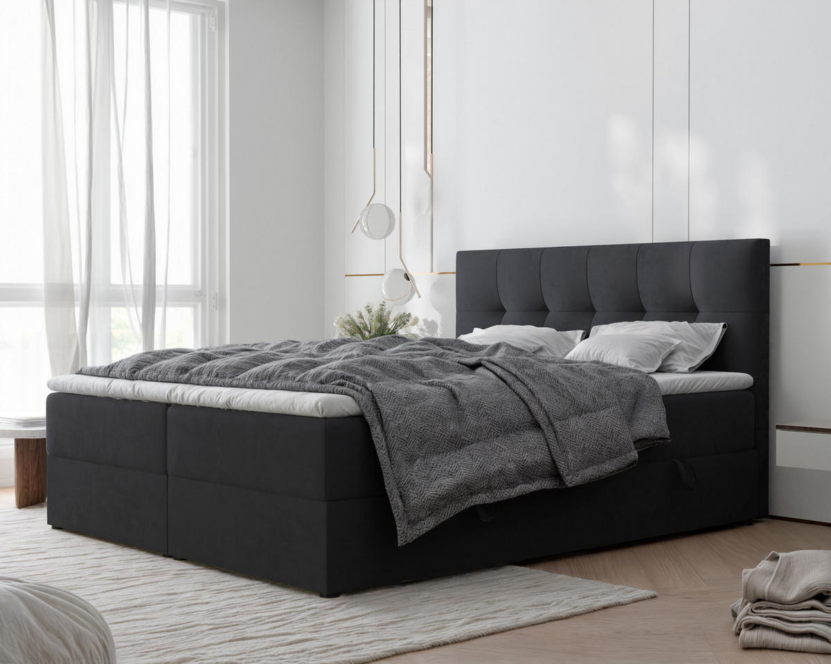 BOXBETT RENZO 200/200 cm mit Matratze und Topper, Schwarz - Schwarz, Holzwerkstoff/Textil (200/200cm) - Idohome