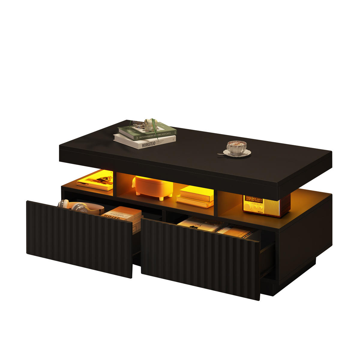 COUCHTISCH 100/50/45 cm Schwarz mit 2 Schubladen und LED-Beleuchtung - Schwarz, Holzwerkstoff (100/50/45cm) - OKWISH