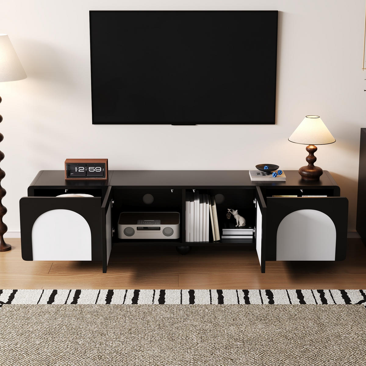 TV-SCHRANK aus MDF und PB 180x38x45 cm Schwarz-Weiß mit 2 Schubladen, 2 Türen und Kabelmanagement - Schwarz, Holzwerkstoff (180/45/38cm) - Modfu