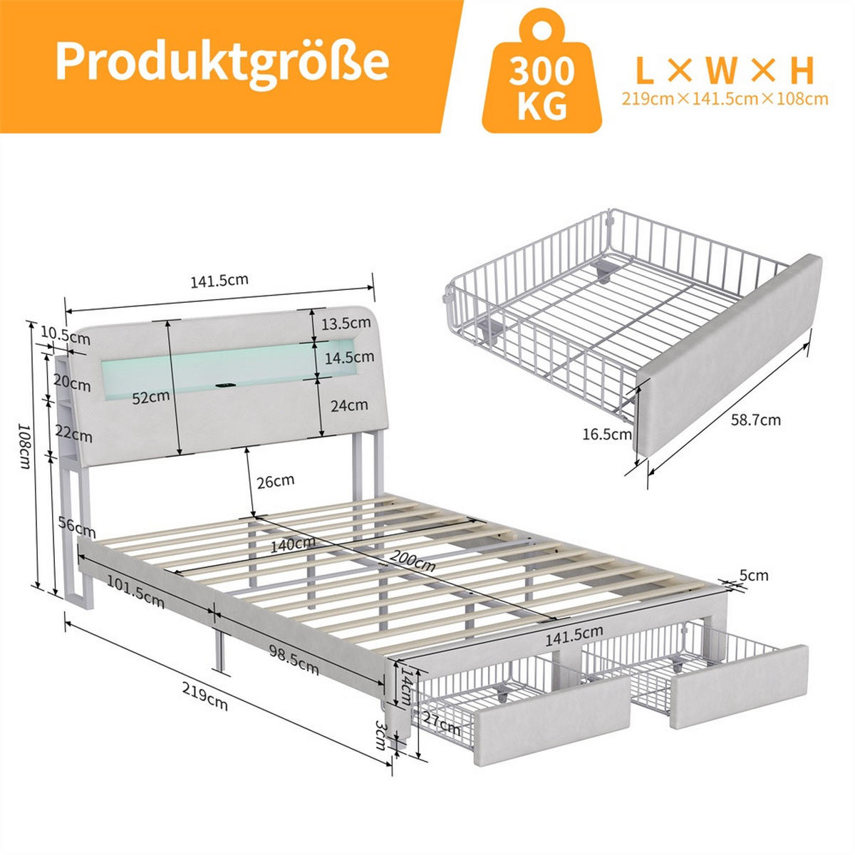 POLSTERBETT 140 x 200 cm - offene Seitenregale mit LED-Beleuchtung und Schubladen - ohne Matratze - Cremeweiß - Creme, Textil (140/200cm) - DELFA