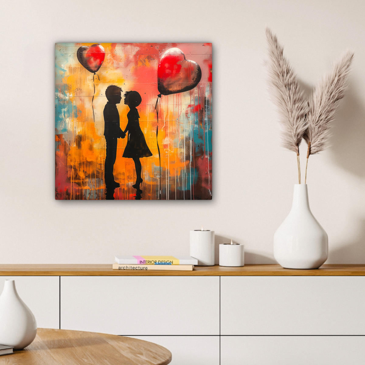 LEINWANDBILD Straßenkunst - Liebe - Graffiti - Kunst - Banksy 50x50 cm - Orange, Textil (50/50cm) - MuchoWow