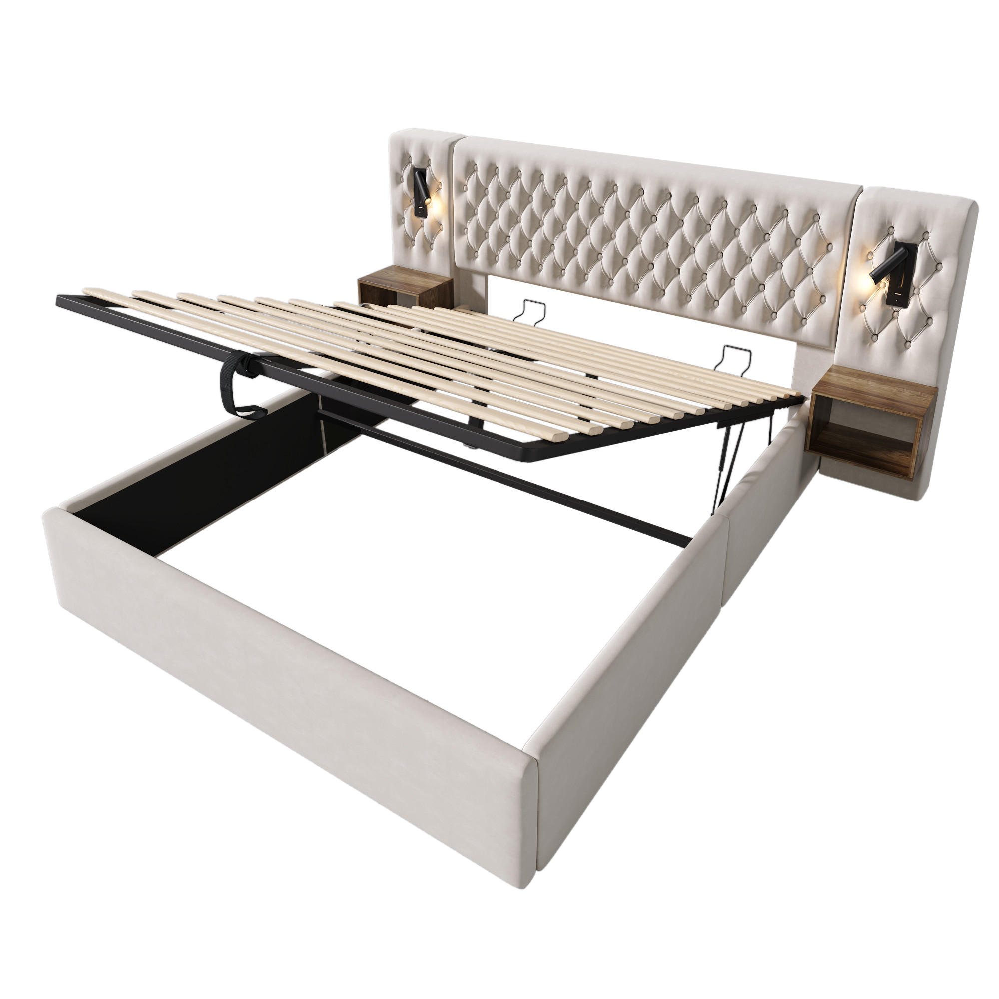 STAURAUMBETT 180/200 cm DE-00759, in Beige, Hydraulik und 2 Nachttischen - Beige, Metall (180/200cm) - ComfortXL