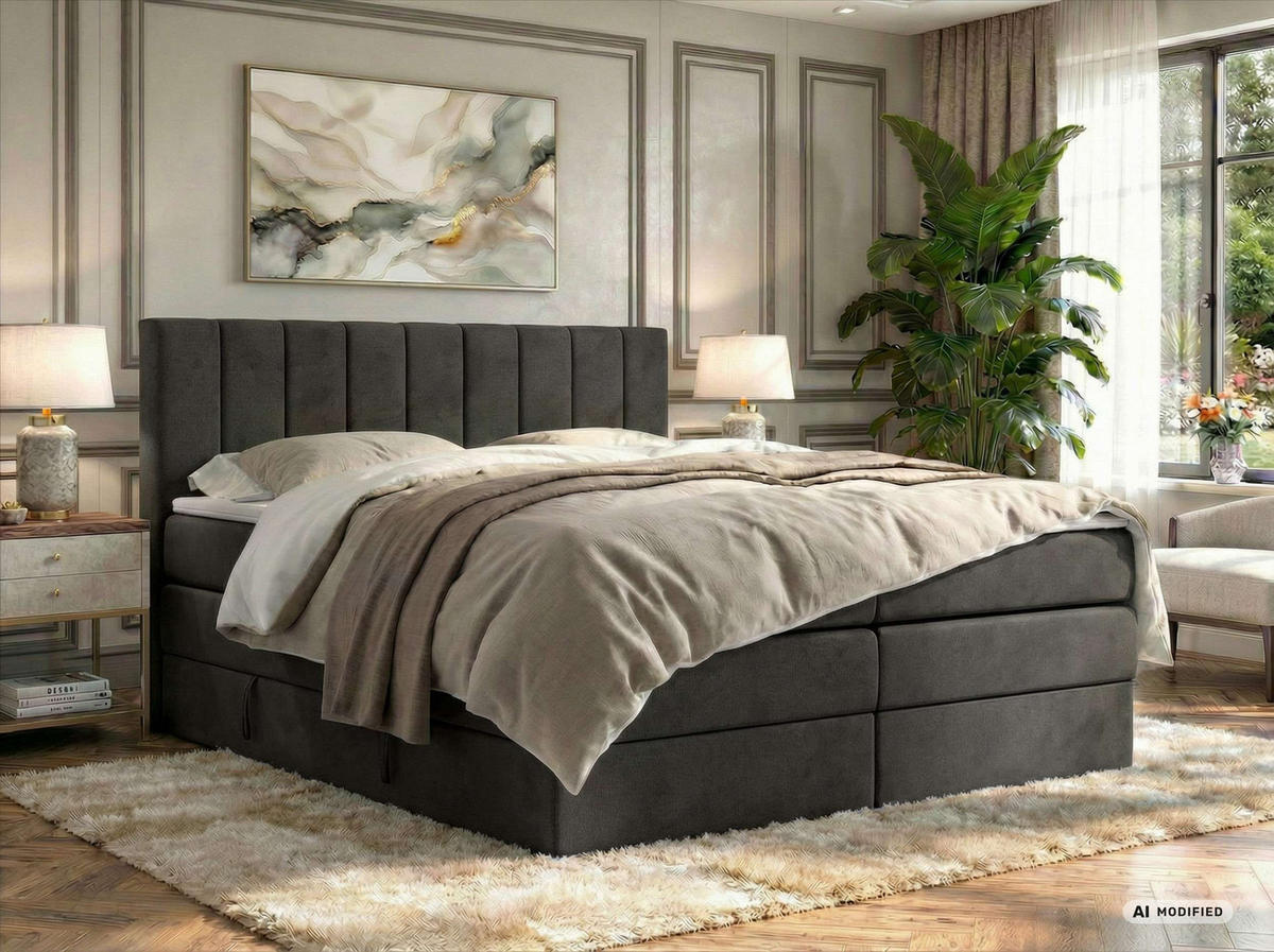 BOXSPRINGBETT ALVER KING 200/200 - Dunkelgrau Velvet - Topper T25 - H3 - Dunkelgrau/Schwarz, Kunststoff/Textil (200/200cm) - MKS