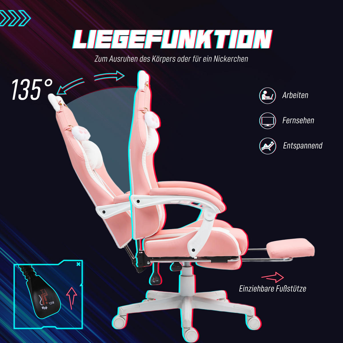 GAMING Stuhl mit Katzenohren, Lendenwirbelstütze, Fußstütze, Kopfkissen, höhenverstellbar, Liegefunktion Rosa-Weiß - Rosa, Leder (62/116/65cm) - BRILVERDE