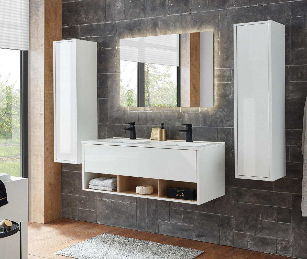 WADSCHTISCHKOMBI weiß Hochglanz und Eiche, Doppelwaschtisch inkl. 2x Waschbecken, Breite 120 cm - Weiß Hochglanz/Eichefarben, Holzwerkstoff (120/44/47cm) - Furn.Design