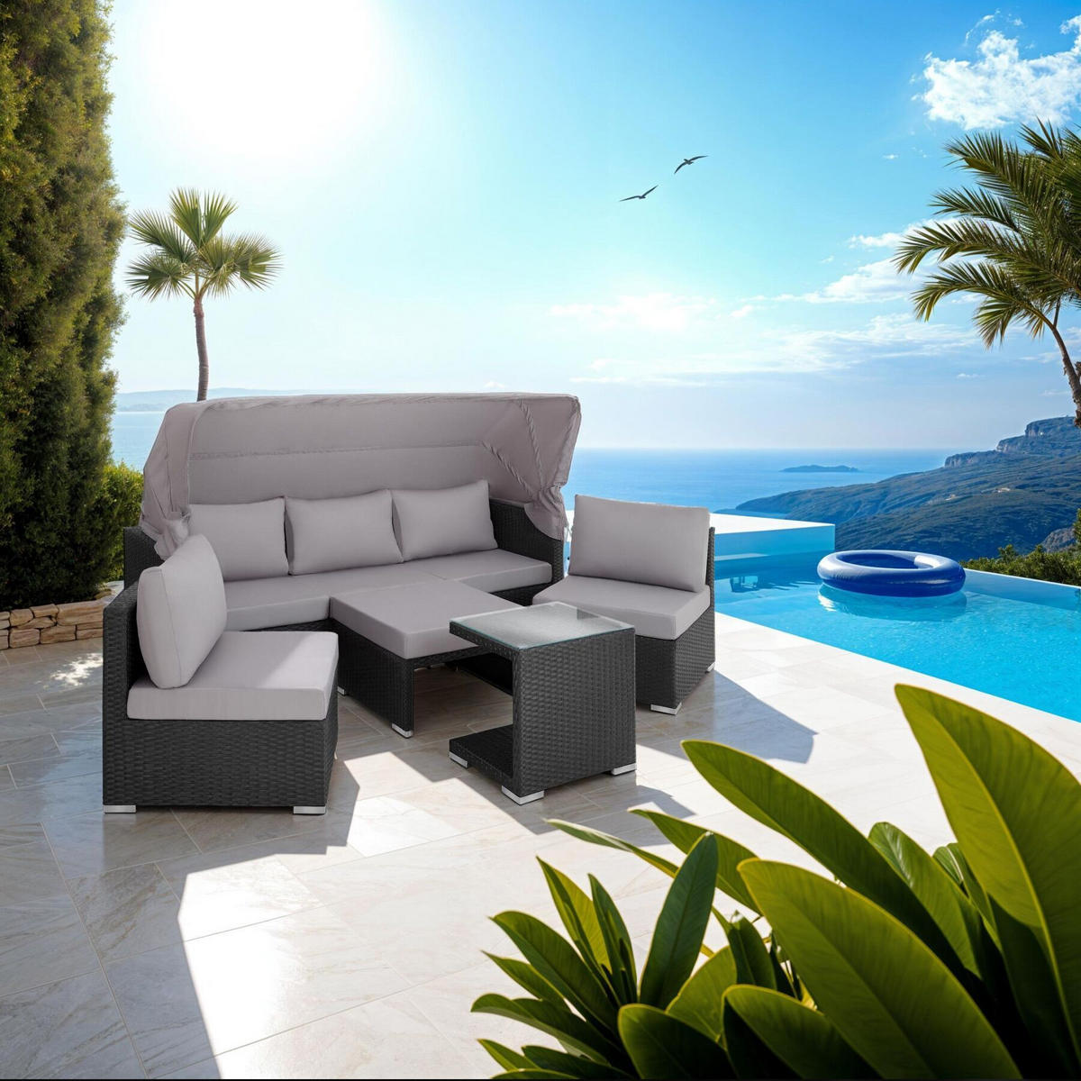 ALUMINIUM RATTANLOUNGE San Marino, mit klappbarem Sonnenschutz, schwarz - Schwarz, Kunststoff (68/131/199cm) - tectake