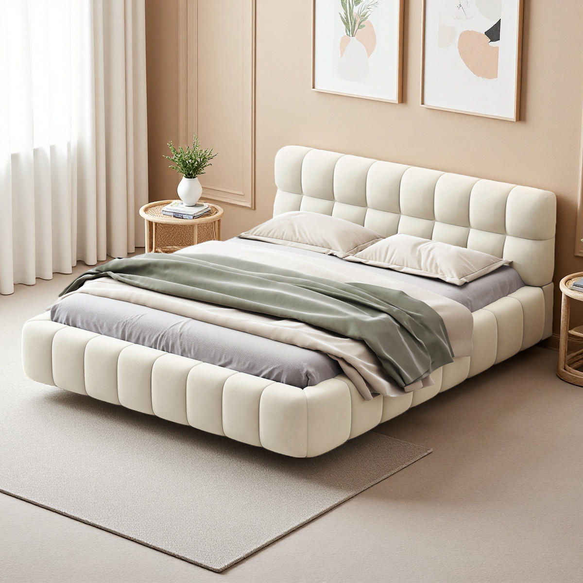 POLSTERBETT 140 x 190 cm, Bubble-Bett, mit gepolstertem Kopfteil, Lattenrost, beige, Leinenstoff. - Beige, Holz (140/200cm) - WoodenAura